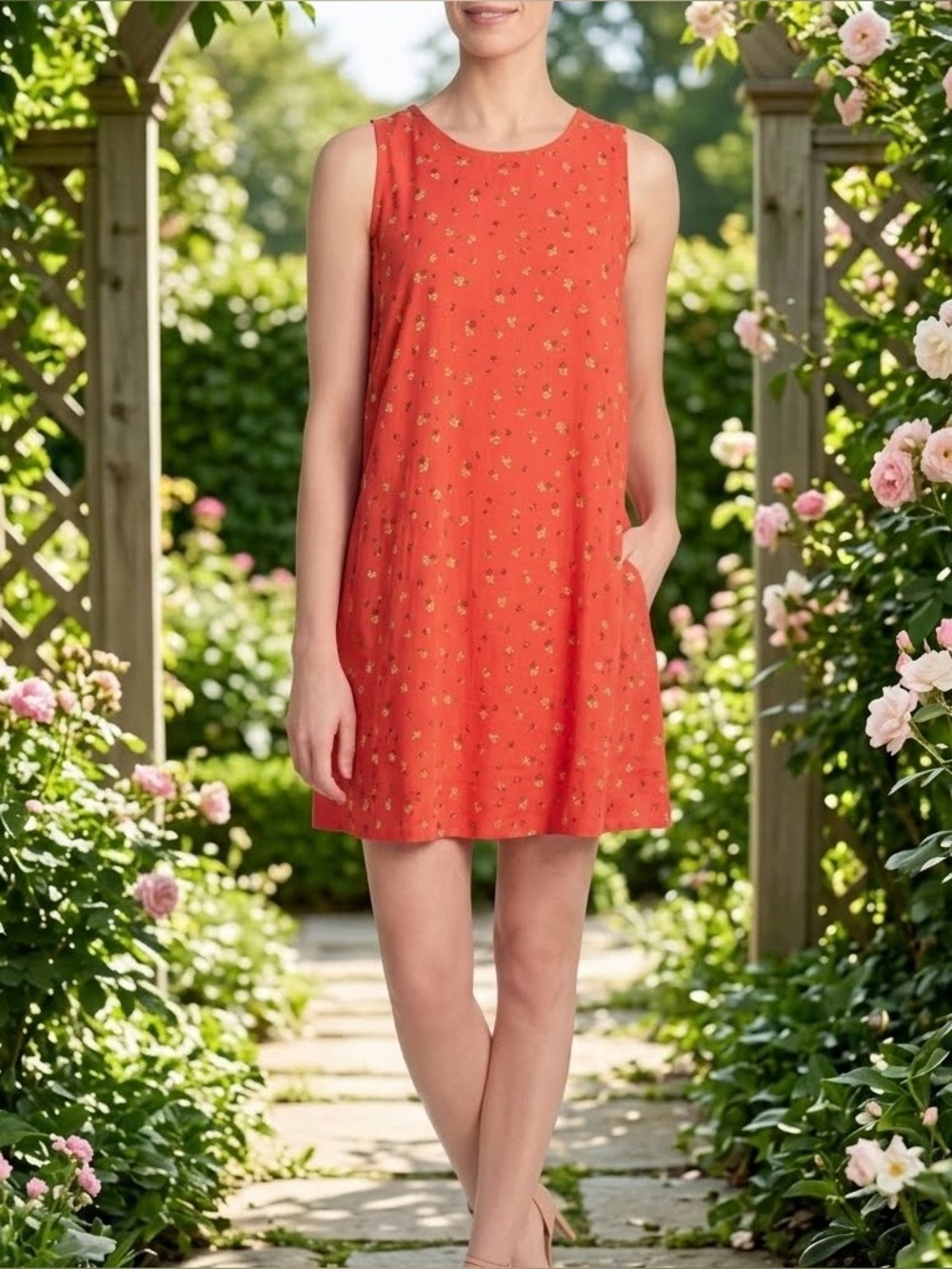 GAP Red Floral Swing Mini Dress Strappy Back Sundress Pockets Cottagecore Sz S